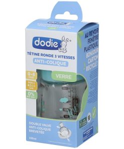 Dodie Biberon Verre – Tétine Ronde 3 Vitesses Anti‑Colique 0‑6 mois – Débit 1