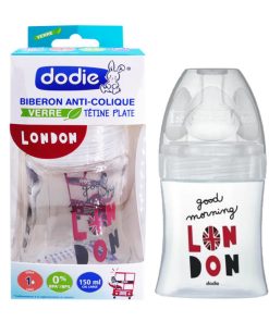 Dodie Biberon Verre Anti‑Colique – Tétine Plate – 0‑6 mois – Débit 1 (150ml)